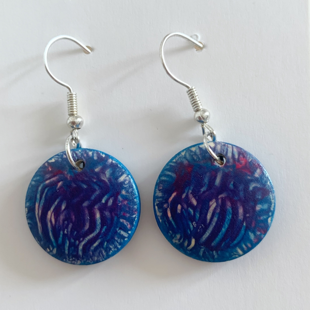 Wooden Hand Painted Small Circular Abstract Earrings 