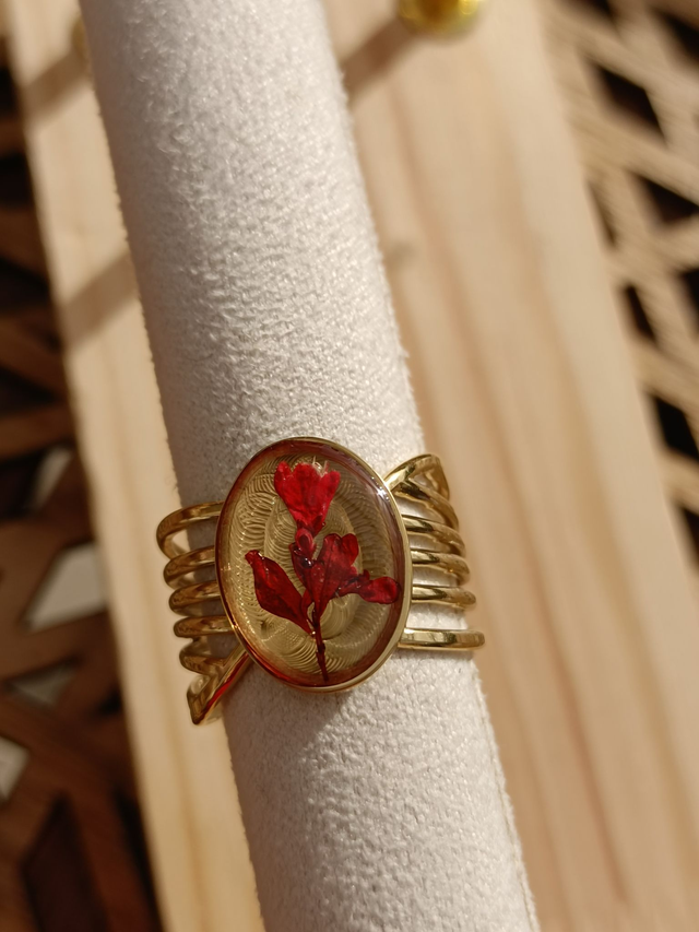 Bague Large Multirangs - Or - Fleur rouge
