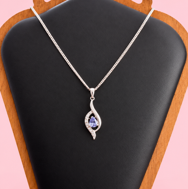 Sterling Silver  &amp; Tanzanite Pendant With Fine Curb Chain
