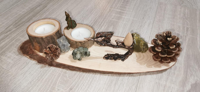 Centre de table avec son porte encens, lapin en jaspe, labradorite, Prehnite 