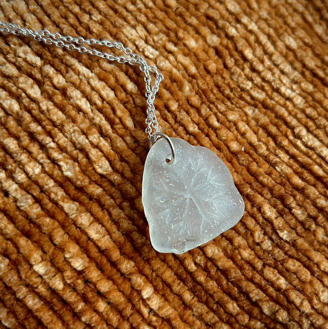 Hand Carved Sea Glass Necklace - White Snowflake 