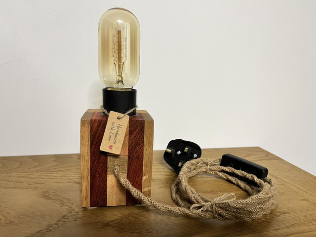Handcrafted Oak, Padauk &amp; Maple Accent Lamp with Edison Bulb.