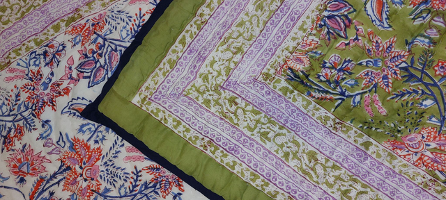 Édredon fait main en coton imprimé bloc - Plaid ou couvre-lit florale réversible - Vert, bleu, orange, rose, blanc