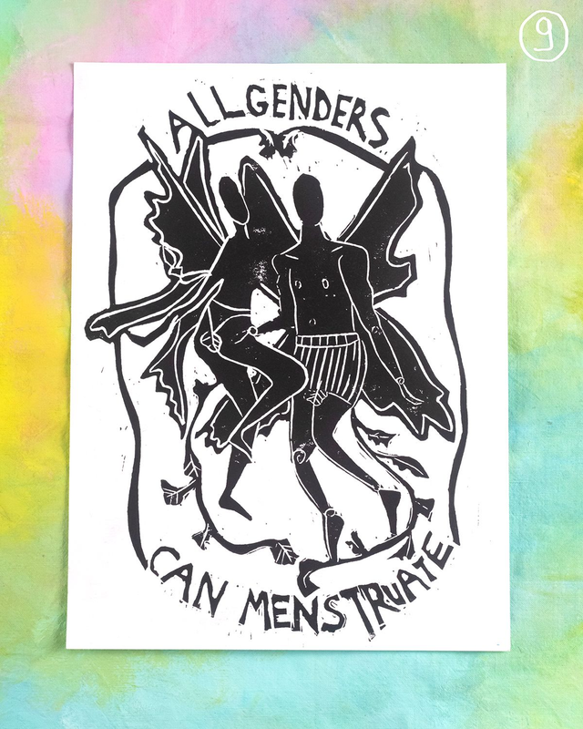 Linogravure "All genders can menstruate"