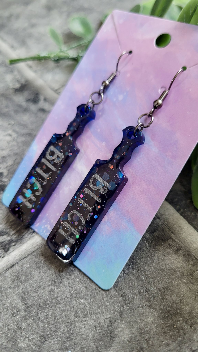 Earrings | Blue-Black Holographic Glitter BITCH earrings  | Stainless Steel Gunmetal Black Hooks