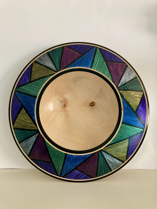 Horse chestnut platter with hand painted iridescent design