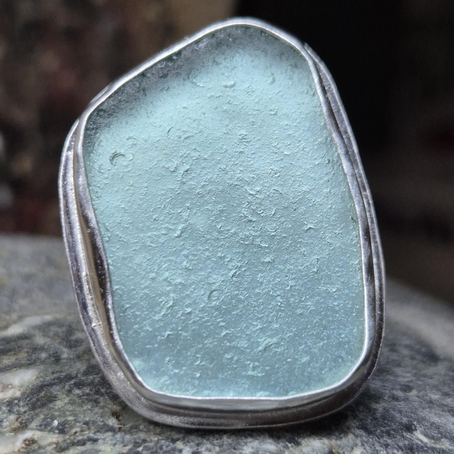 Size Q Pale Aqua Sea Glass and Sterling Silver Ring
