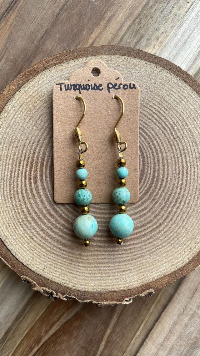 Boucles pendantes TURQUOISE DU PEROU Acier inoxydable doré