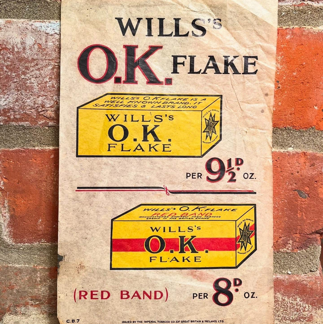 Early WILL’s O.K FLAKE CIGARETTES/ TOBACCO Wrapper