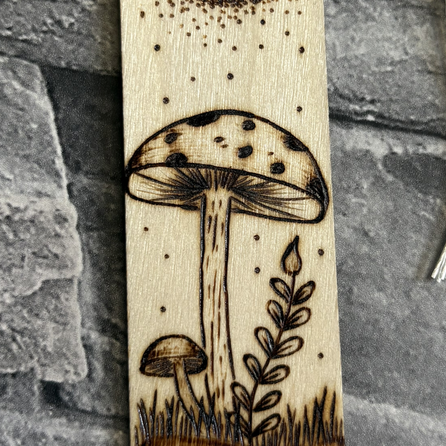 Mushroom/fly agaric design bookmark. Pyrography art. Handburnt.