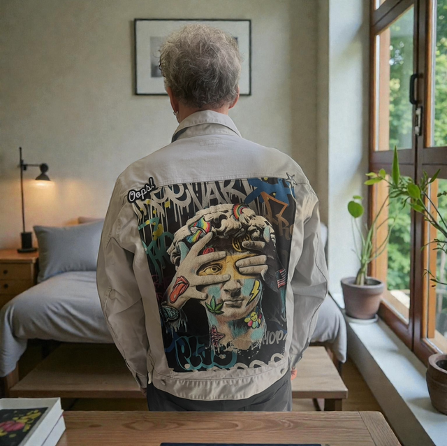 Veste en jean beige customisée taille XL