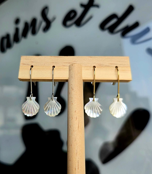 Boucles d'oreilles "Coco" en acier inoxydable &amp; nacre (doré ou argenté à choix)