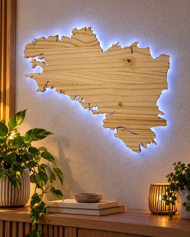 Carte de la Bretagne en bois - Décoration murale lumineuse LED