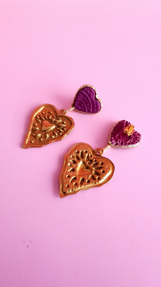 Boucles d'oreilles Coups de coeur prune et doré