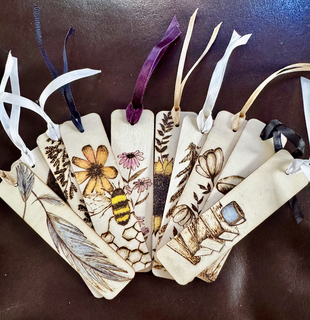 Pyrography bookmarks with a pop of colour 
