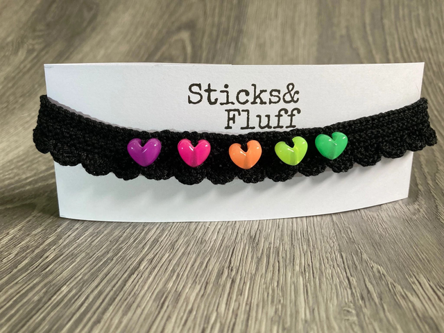 Black Crochet Choker with Glow-in-the-Dark Hearts