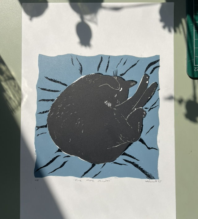 5 More Minutes, two layer Lino print