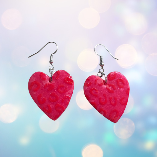 Pink and Red Leopard Print Heart Earrings