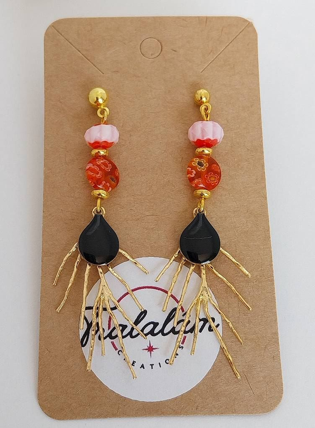 ✨Boucles d&#039;oreilles &quot;feuilles stylisées millefiori émail noir✨ 