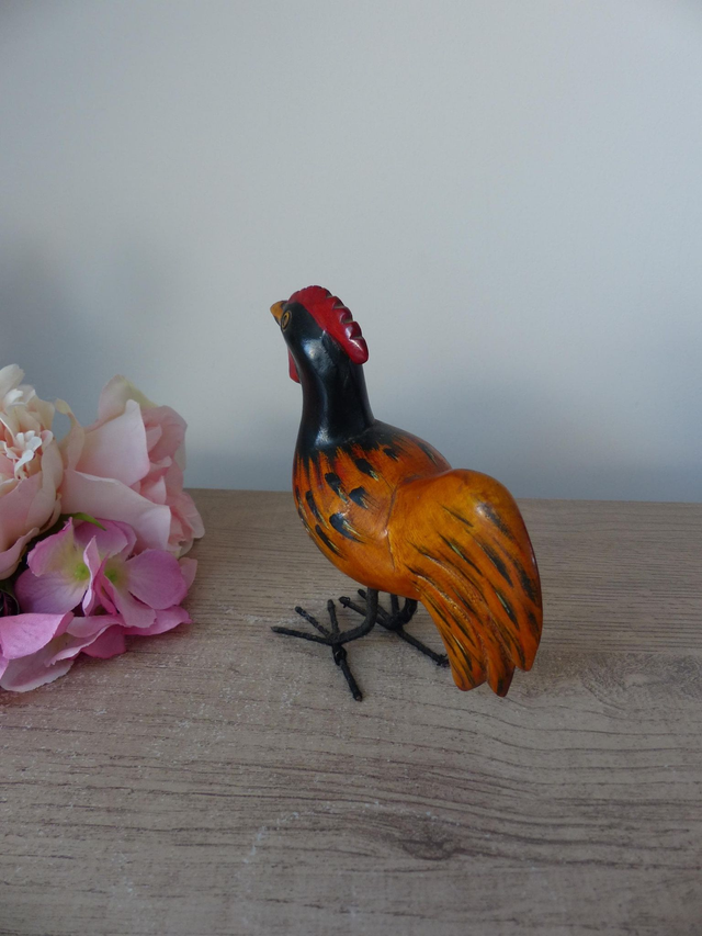 Figurine petit coq poule en bois et métal, poulet ferme animal sculpté en bois, décoration cuisine de campagne, collection oiseau en bois