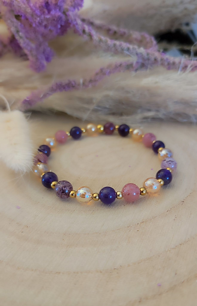 Bracelet "Épanouissement et Stress" Quartz fraise et Améthyste
