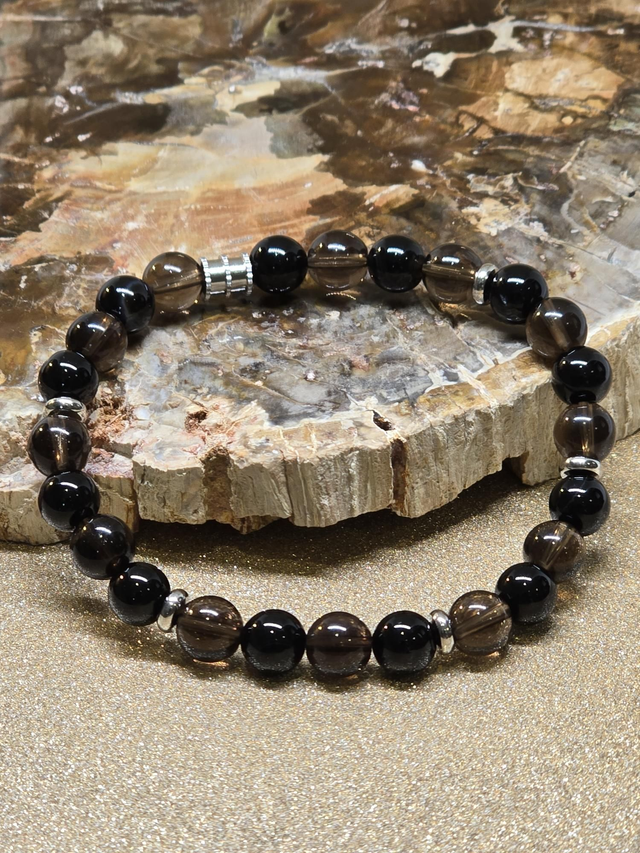 Bracelet Quartz fumé et Onyx en 0,8 cm 