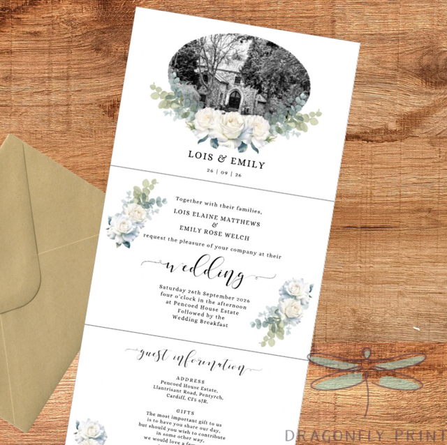 Pencoed House Estate venue drawing image invitation - concertina Wedding invitations - including guest information &amp; RSVP