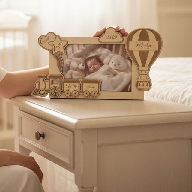 Cadre photo personnalisé en bois gravé – décor train et montgolfière pour enfant