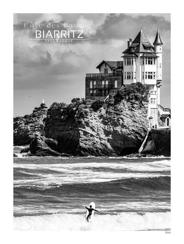 Affiche photo noir et blanc – Villa Belza et surfeur à Biarritz