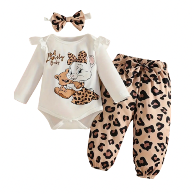 3-delige set broek romper strik kat 