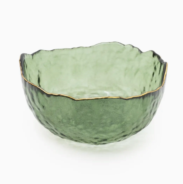 Green Glass Wavy Bowl with Gold Rim