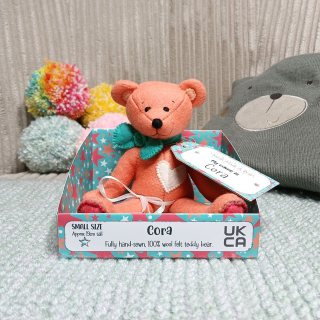 Cora. Small size, handmade teddy bear. UKCA. Limited Edition wool felt. Coral. Turquoise. Sorbet pink. Cream. Apricot.