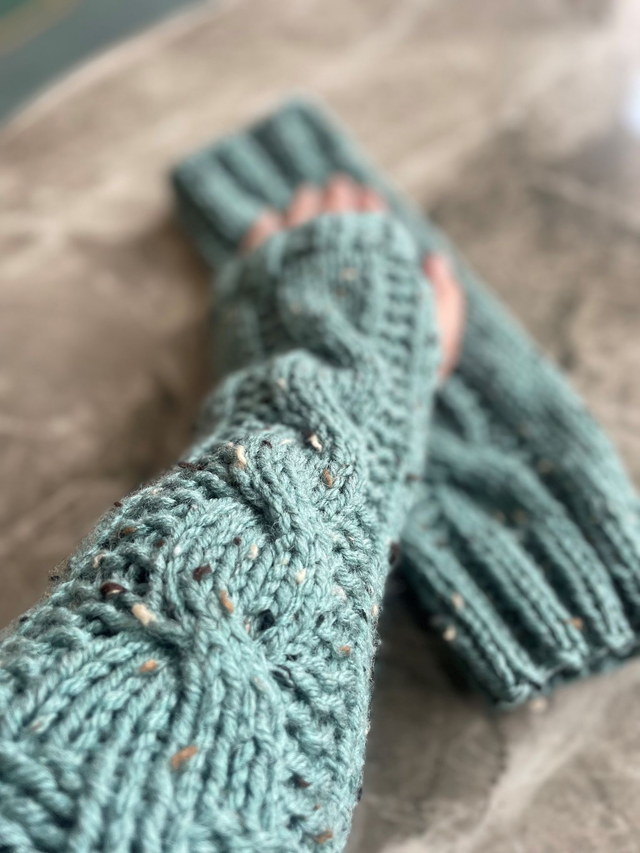 Mitaines longues laine Tweed Vert pistache