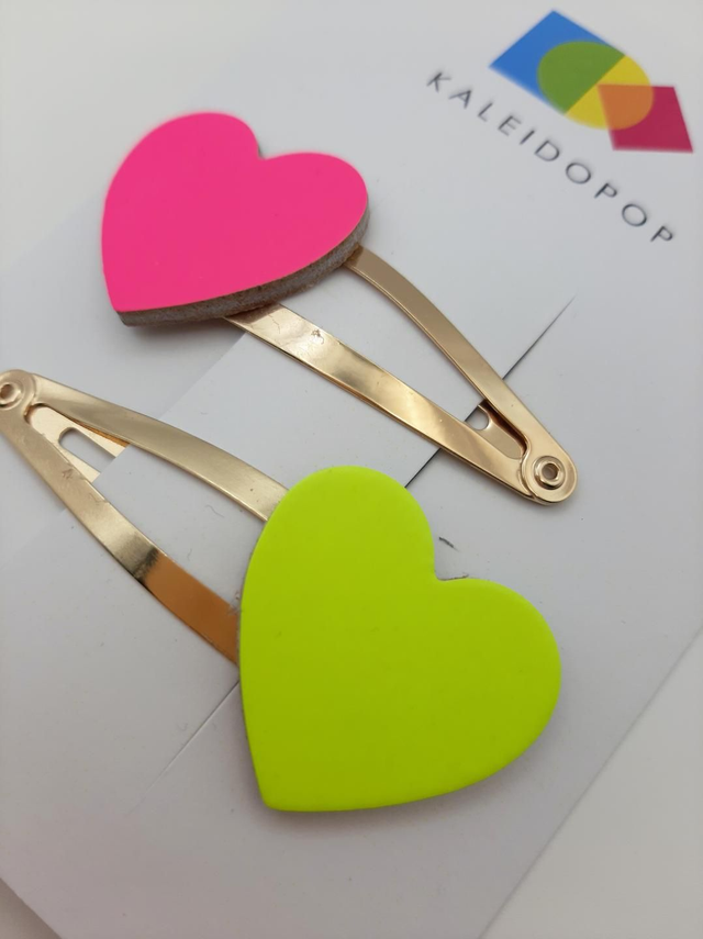 SALE! Neon leather hairclips  - pink / yellow hearts 