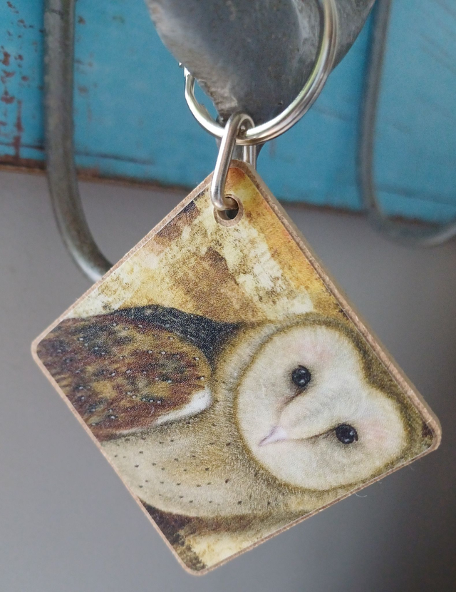 Barn owl wooden key ring 