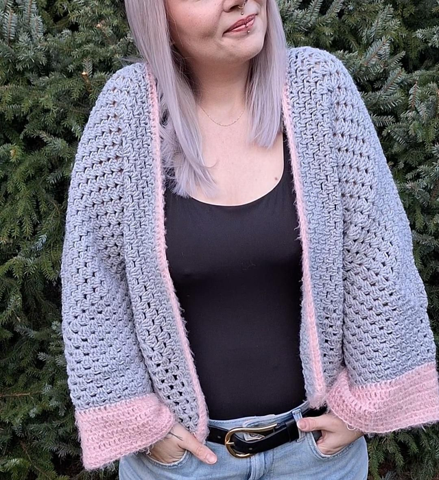 Cardigan Grau/Rosa, Gr. M-L (38-42), handgemacht, gehäkelt, handmade Einzelstück - Unikat
