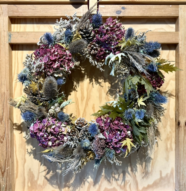 natural pink and blues dried wreath