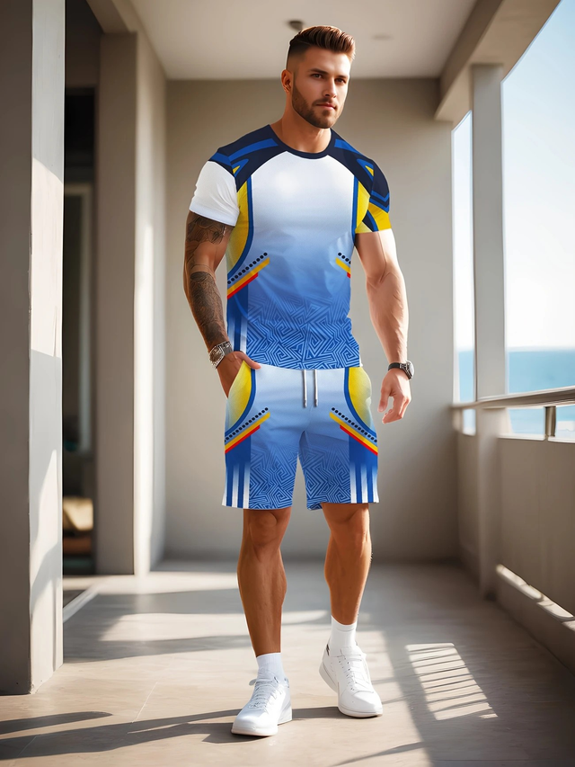Men's Blue 3D Print Round Neck Short Sleeve Drawstring Waist Shorts Set Limited Edition! 