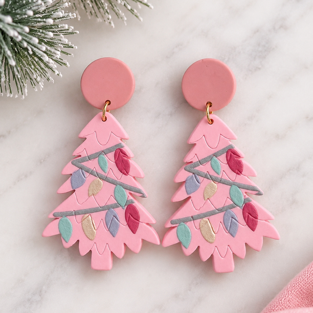 Pink Christmas Tree Earrings