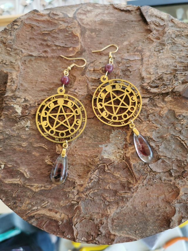 Pentacle, roue astrologique doré &amp; grenat 