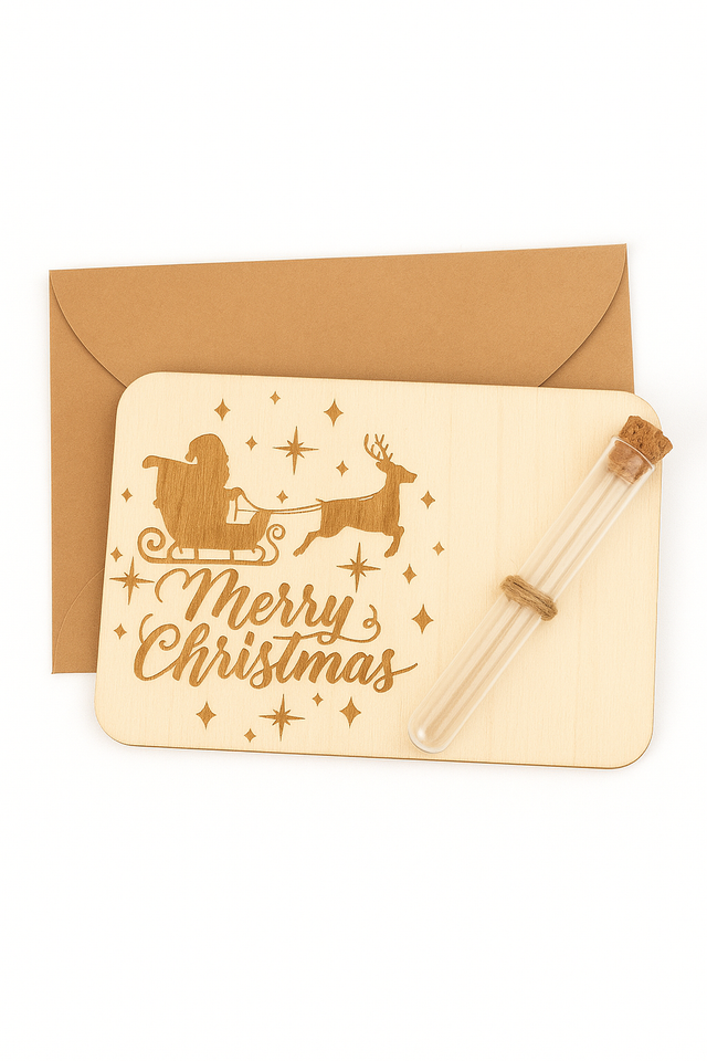 Merry Christmas – Liebevoll handgefertigte Karte aus Sperrholz mit Reagenzglas 