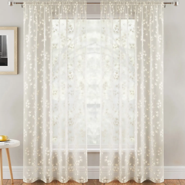 Delila Leaf Print Cream Voile Panels (Pair)