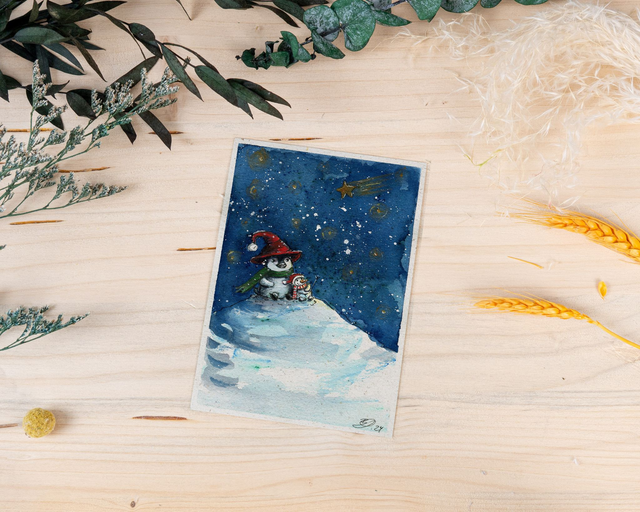 Graspapierkarte - kleiner Pinguin & Schneemann genießen die Nacht