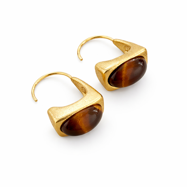 Pendientes acero dorado piedra marrón 