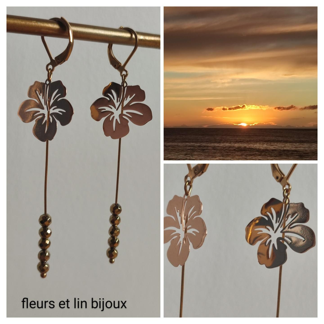 Z-Boucles d&#039;oreilles fleurs &amp; perles en hématites dorés ( pierres naturelles) fermoirs en acier inoxydable doré -sans nickel 