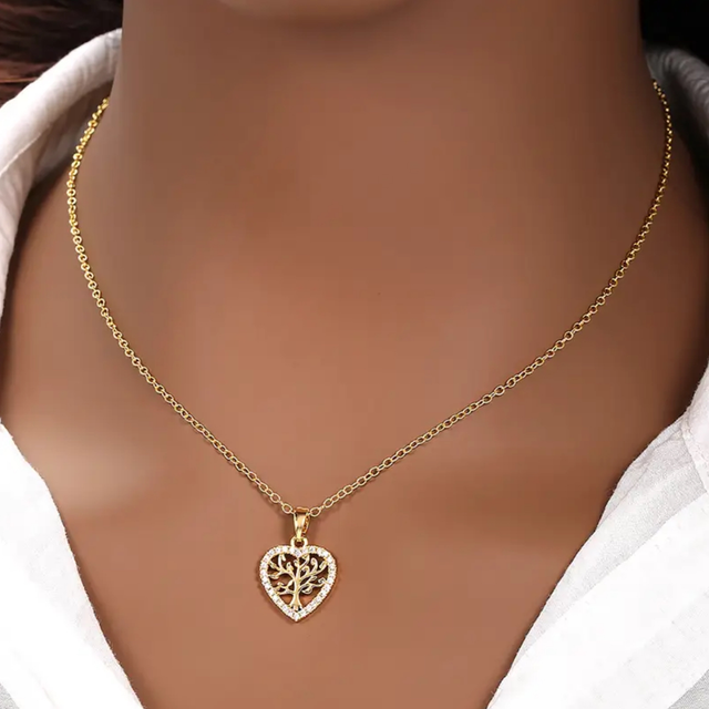 18K GOLD PLATED HEART SHAPED TREE OF LIFE PENDANT AND NECKLACE