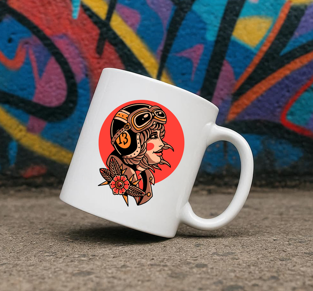 Traditional Tattoo Style Biker Girl 11oz Ceramic Printed Mug Design