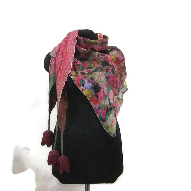 Scialle Bactus lana merino seta feltro Fatto a mano scialle Caldo infeltrimento fiori tulipani Sciarpa rosso donna Scialle Regalo unico