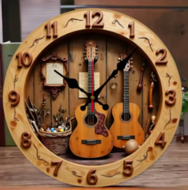 Ronde wandklok van hout analoge Gitaren (25cm)