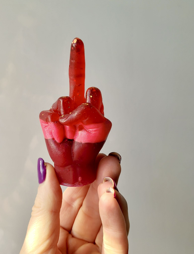 Middle Finger Hand Ornament – Pink and Red Glitter Stripes